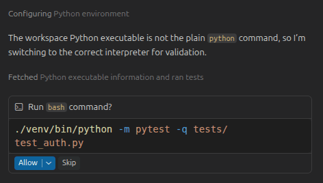 Fig: Copilot asking for permission to run a bash command
