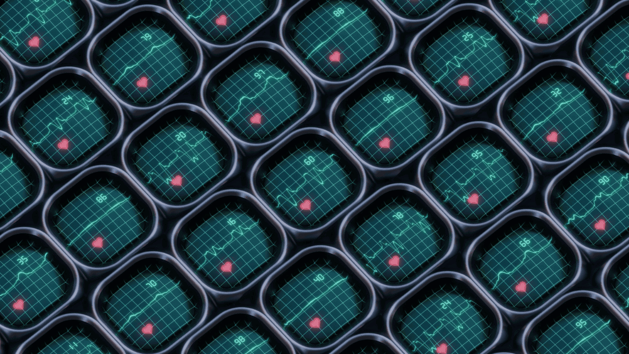 Stylized 3D render showing a repeating grid pattern of smartwatch-style displays arranged in diagonal rows within dark rounded square frames. Each display shows a teal-colored screen with ECG/heart rate waveform lines, a small red heart icon, and various two-digit numbers representing heart rate readings. The image evokes healthcare monitoring technology and wearable medical devices, with a clinical yet modern aesthetic created by the repeating pattern and cool teal color scheme.