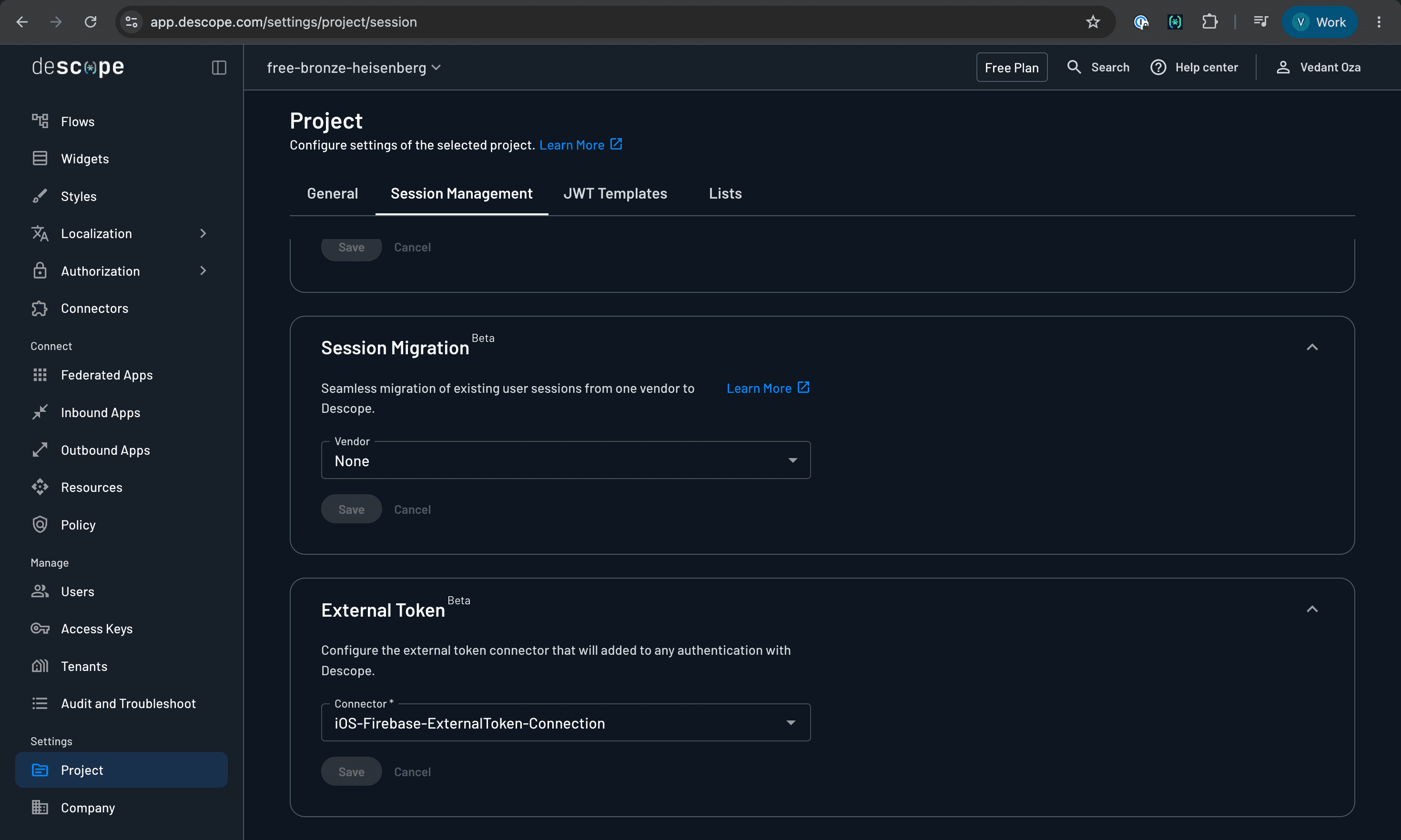 Screenshot of the Session Management screen in the Descope console. The External Token section is expanded, showing the connector dropdown configured with the Firebase token connector.