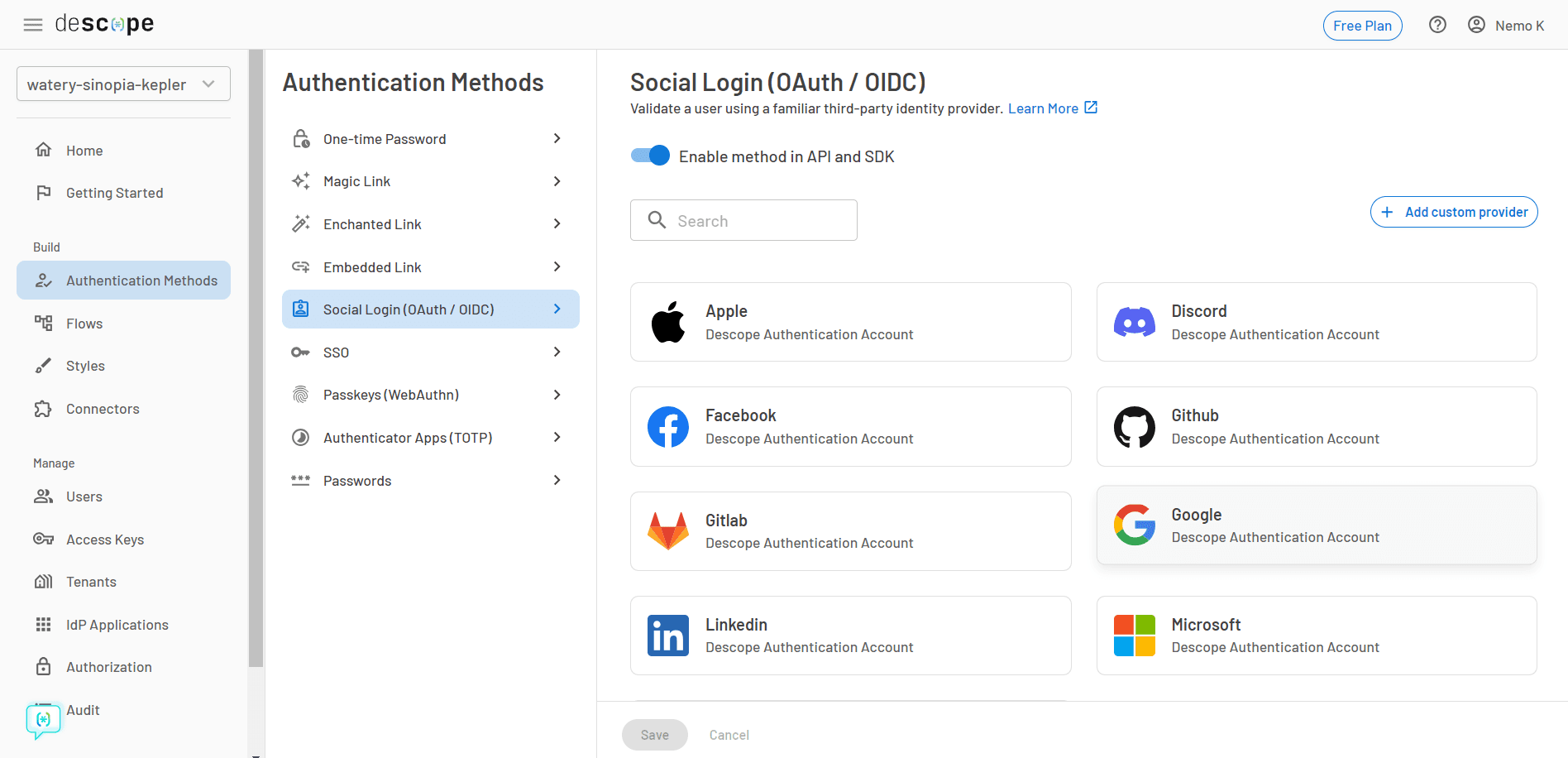 Screenshot of the Descope Console showing the Authentication Methods section with Social Login (OAuth / OIDC) selected in the left navigation, a main panel titled Social Login (OAuth / OIDC) with a toggle enabled labeled Enable method in API and SDK, a search field, and an Add custom provider button on the right, and a grid of OAuth providers displayed as cards including Apple, Discord, Facebook, GitHub, GitLab, Google, LinkedIn, and Microsoft, each labeled Descope Authentication Account, with the project selector watery-sinopia-kepler visible at the top left, a Free Plan badge at the top right, and sidebar navigation items such as Home, Getting Started, Flows, Styles, Connectors, Users, Access Keys, Tenants, IdP Applications, Authorization, and Audit.