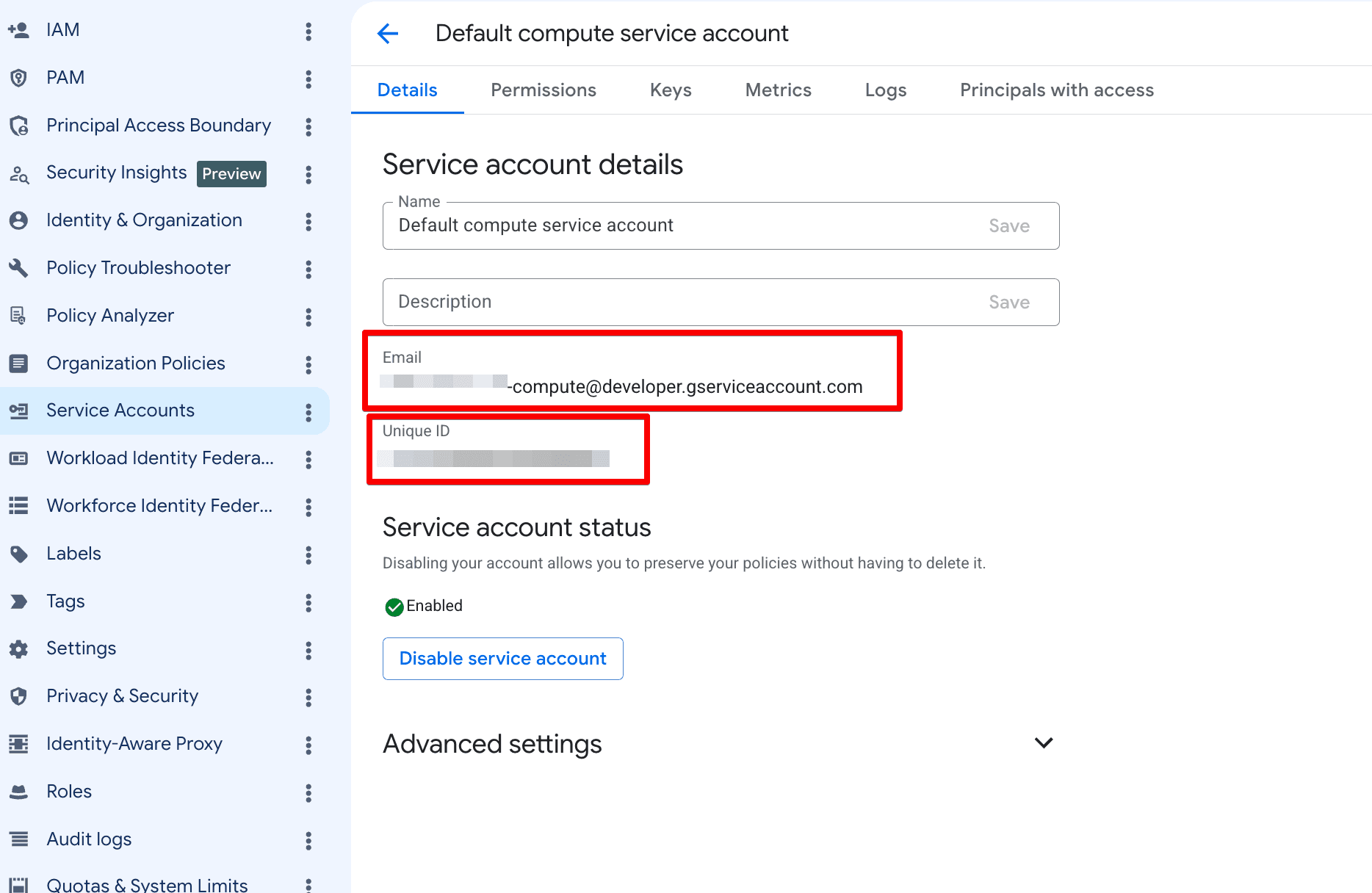 Google Service Account Details