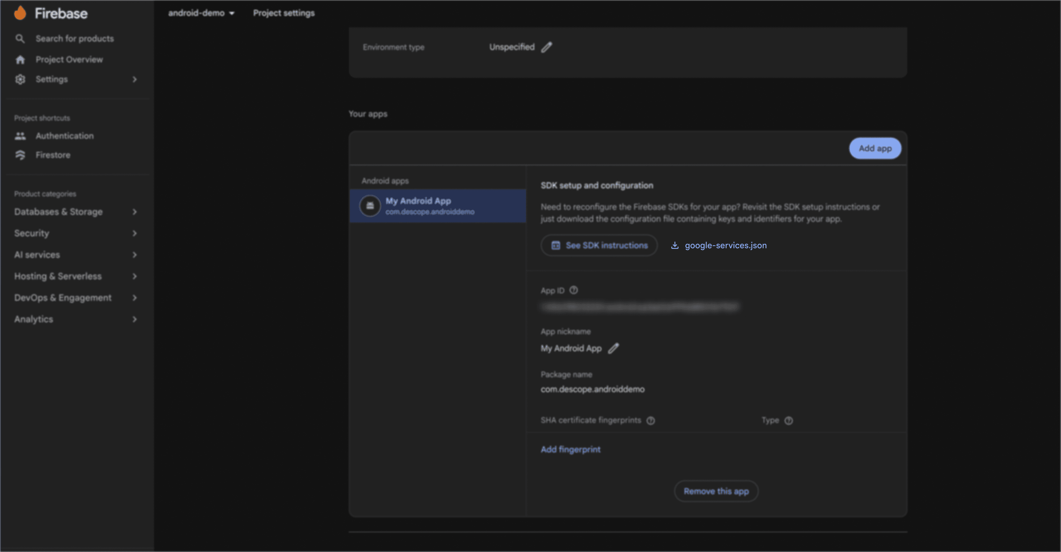 Screenshot of the Firebase console Project settings for the project, showing app registered, an App ID, links to See SDK instructions and download google-services.json.