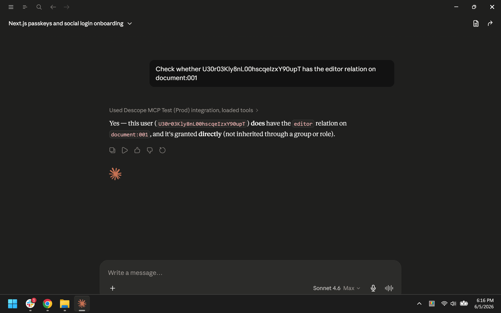 Check whether user X has the editor relation on document Y
