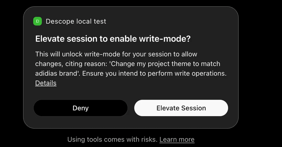 Human approval required for elevated MCP server session