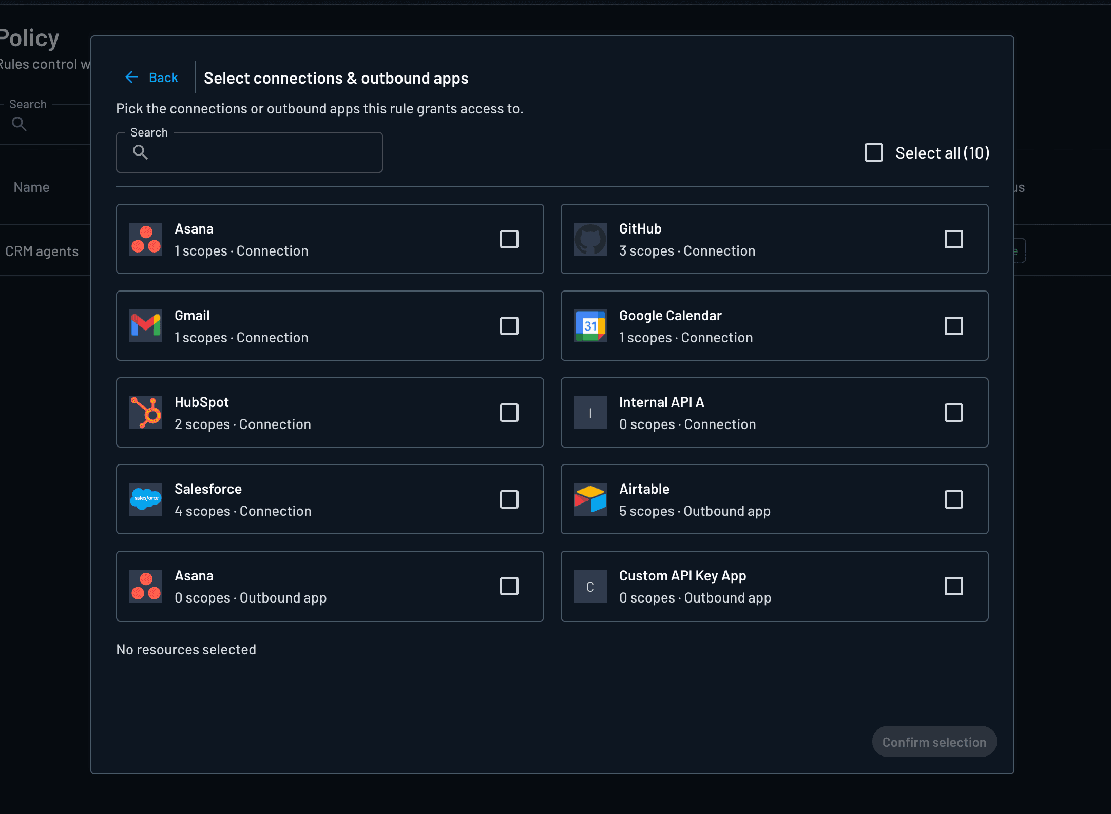Target Connection selection (including OAuth and API key based Connections)