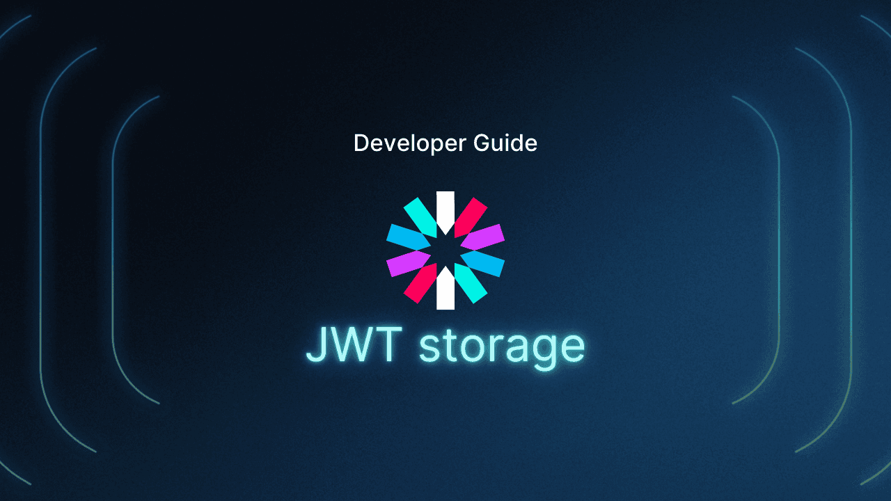 Dark blue gradient title image with the text Developer Guide above a multicolored starburst style icon in the center and the glowing text JWT storage below it, with subtle curved light accents along the left and right edges.