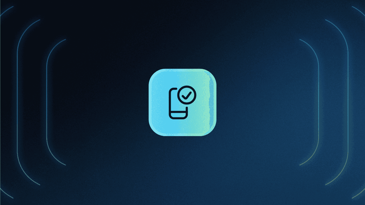 Abstract illustration on a dark blue gradient background featuring a centered rounded square icon with a blue to green gradient and a line icon of a key combined with a checkmark, framed by subtle curved light accents on the left and right sides.