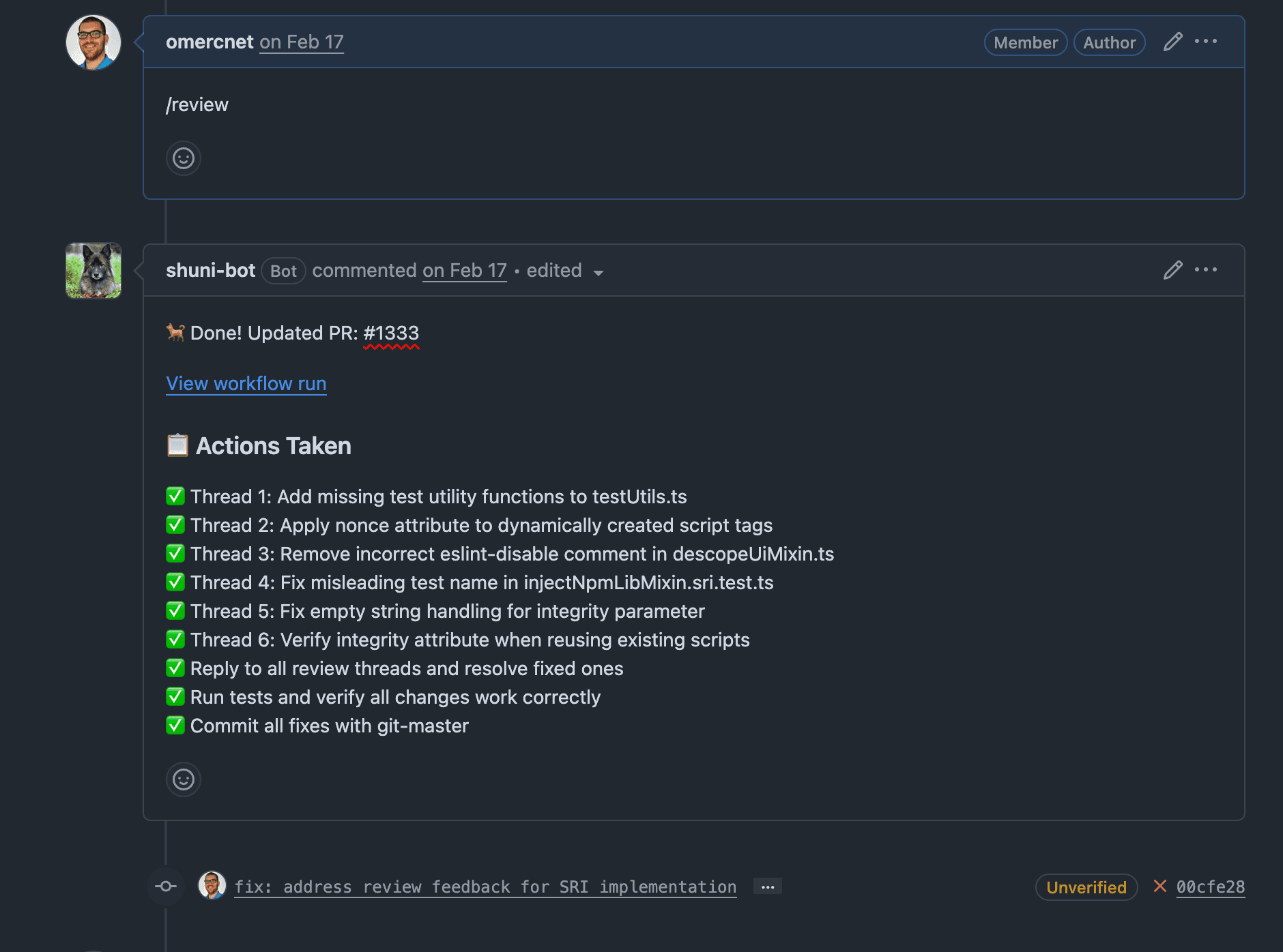 Shuni review comments and accountability screenshot