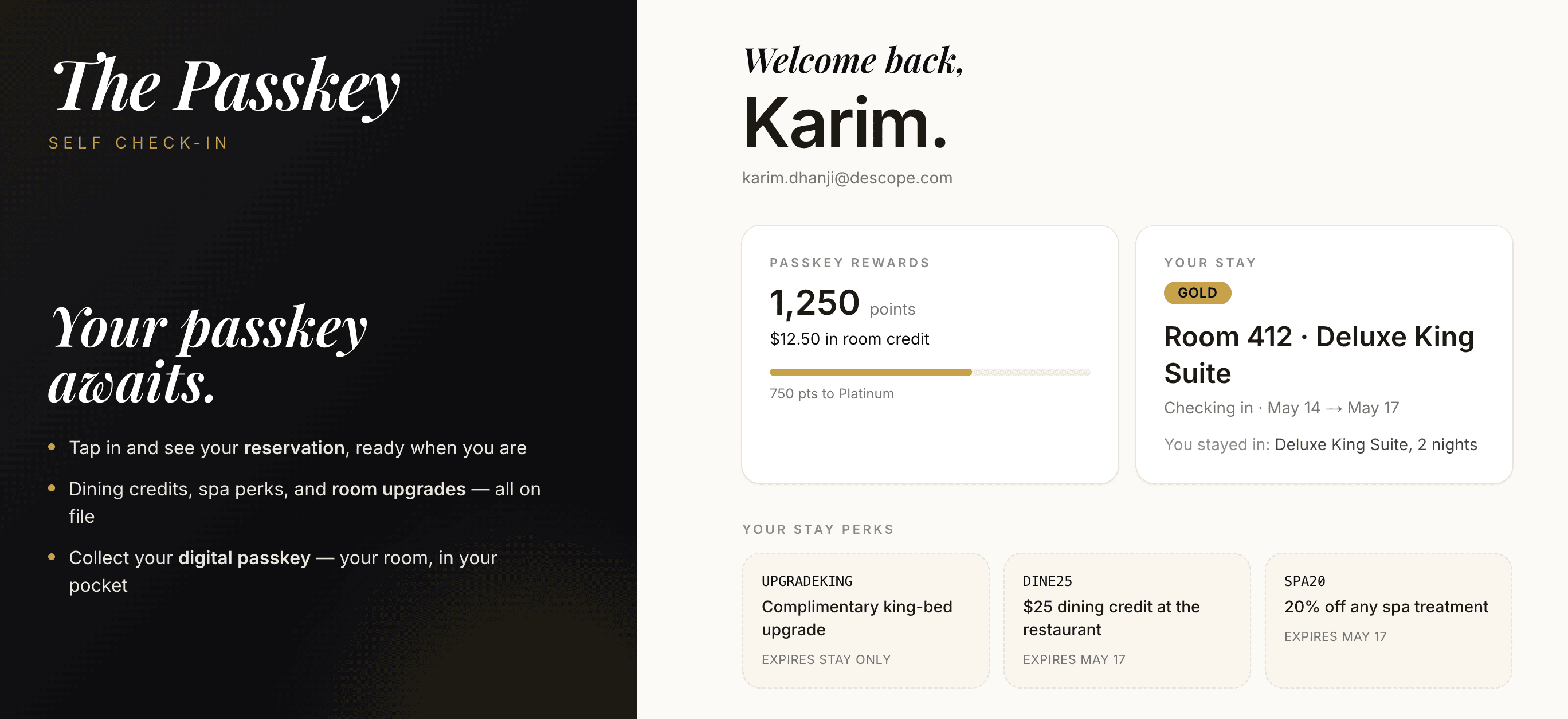 An image for a digital hospitality service called The Passkey. The left side is a dark panel with white and gold text stating Your passkey awaits and listing benefits such as reservation access and digital passkey collection. The right side is a light beige dashboard that says Welcome back, Karim. It displays Passkey Rewards of 1,250 points, and details for a stay in Room 412, a Deluxe King Suite, from May 14 to May 17. At the bottom, three Your Stay Perks cards show a king-bed upgrade, a 25 dollar dining credit, and 20% off any spa treatment, all with various expiration dates in May.