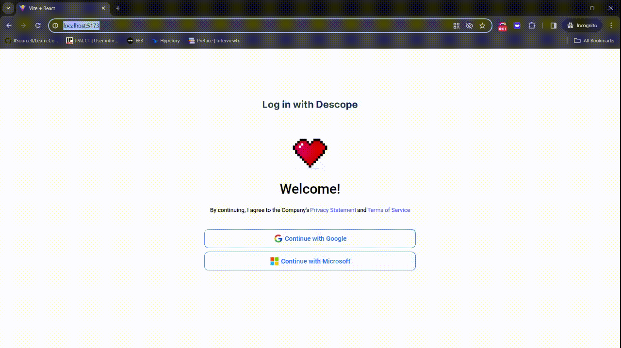 Animated GIF of a Chrome Incognito window showing a Vite + React app at localhost:5173 with a centered Descope sign in screen that reads Log in with Descope above a pixel heart icon and a Welcome message, followed by consent text and buttons for Continue with Google and Continue with Microsoft, where the mouse cursor clicks Continue with Google and the UI transitions to a follow up form that says To complete the sign up please provide the following information and displays an email address input field.