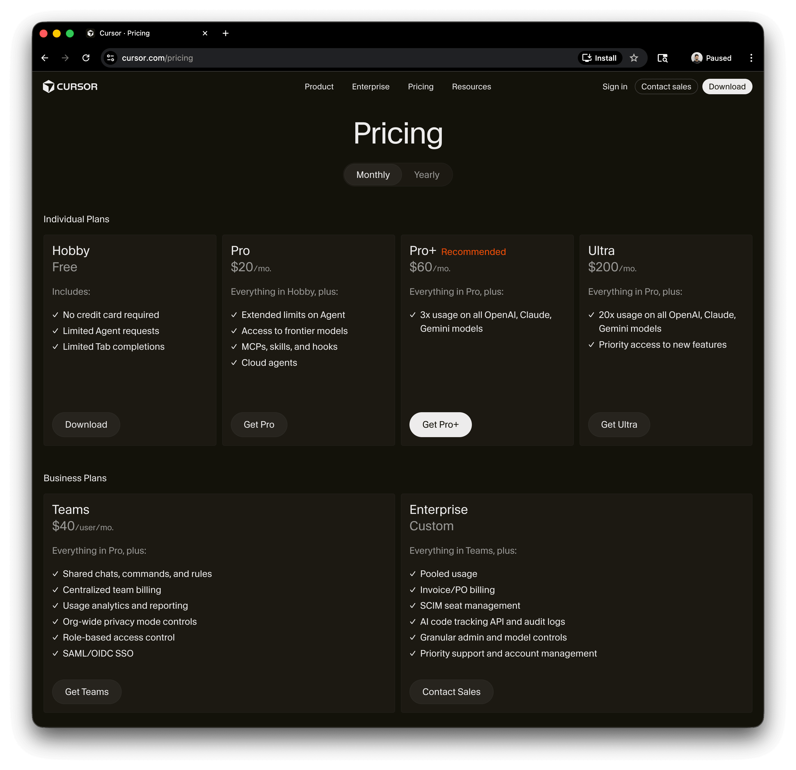 Fig: The Cursor pricing page