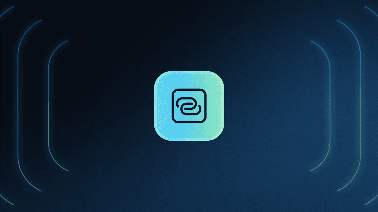 Centered abstract icon showing a rounded square with a blue to teal gradient containing a stylized spiral link symbol, set against a dark blue gradient background with soft curved light accents radiating inward from the sides.