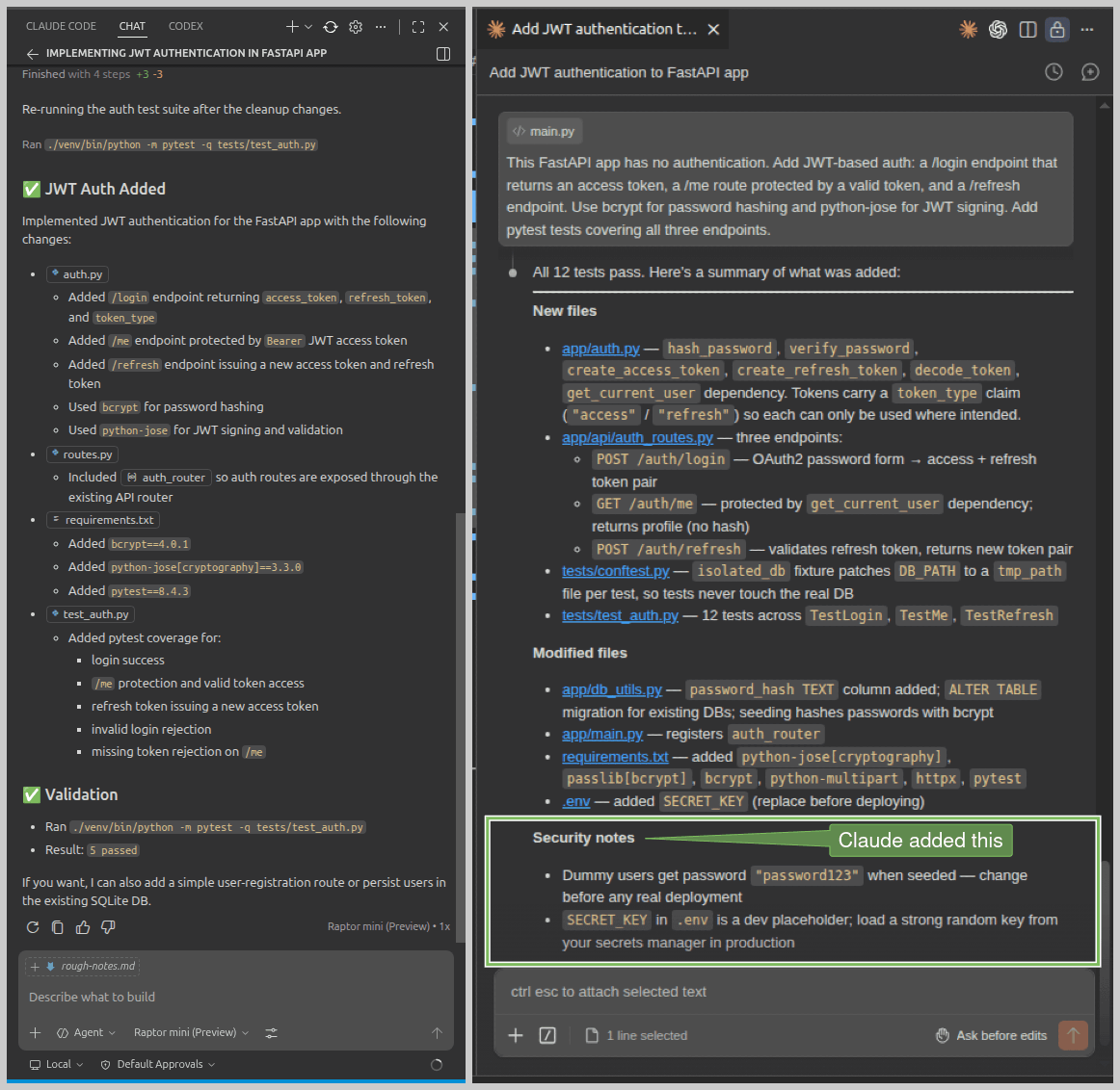 Fig: Completion messages where Claude Code flags weak dummy credentials; GitHub Copilot does not