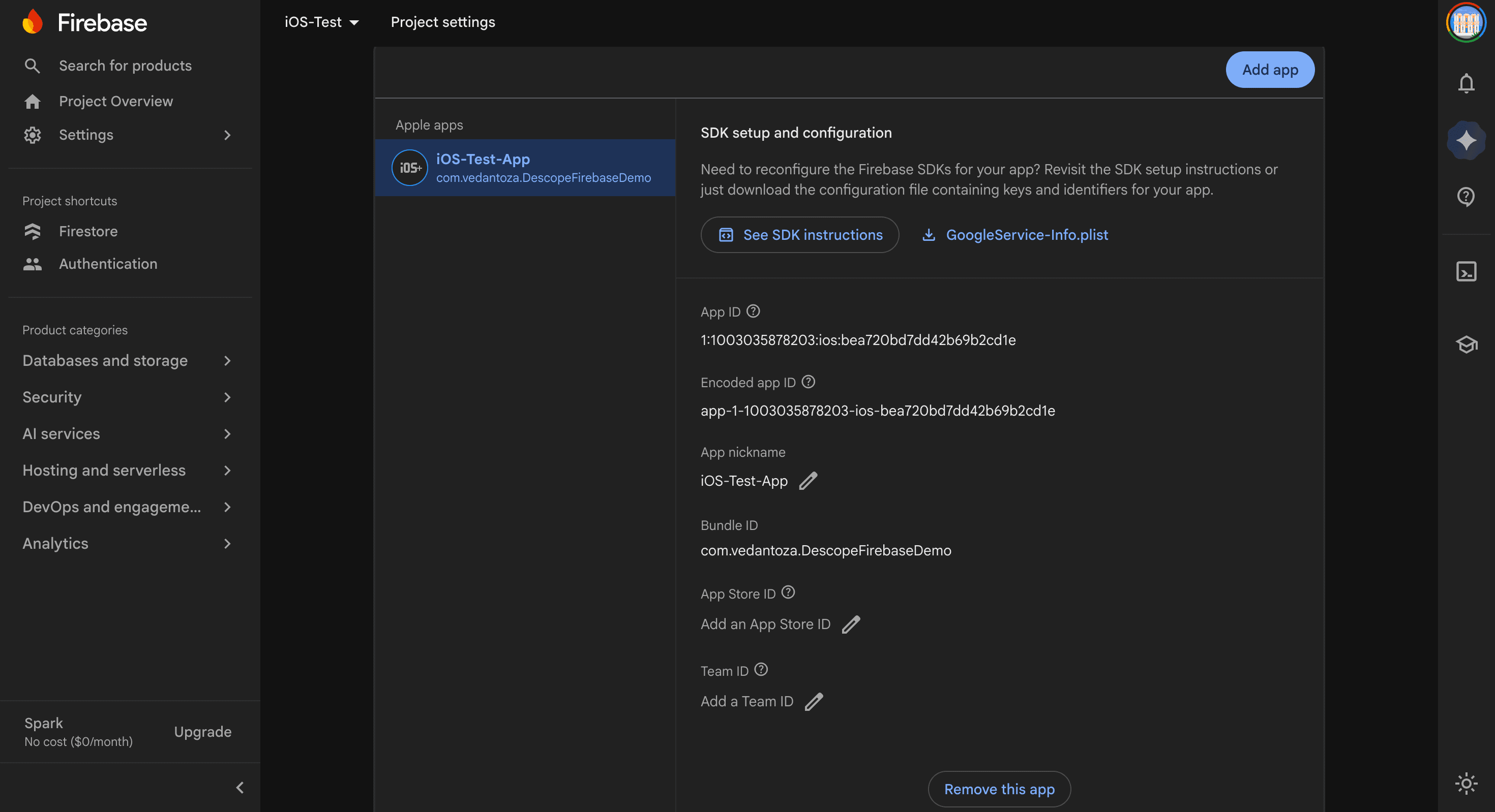 Screenshot of the Firebase console Project settings for the project, showing app registered, an App ID, links to See SDK instructions, and download GoogleService-Info.plist.