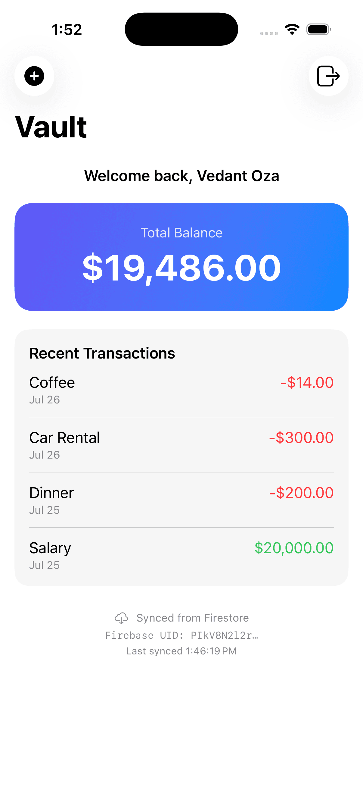 iOS app screen showing a Vault-style finance dashboard with a total balance, a recent transactions list, and a footer reading "Synced from Firestore" alongside the signed-in Firebase UID and last-synced time.