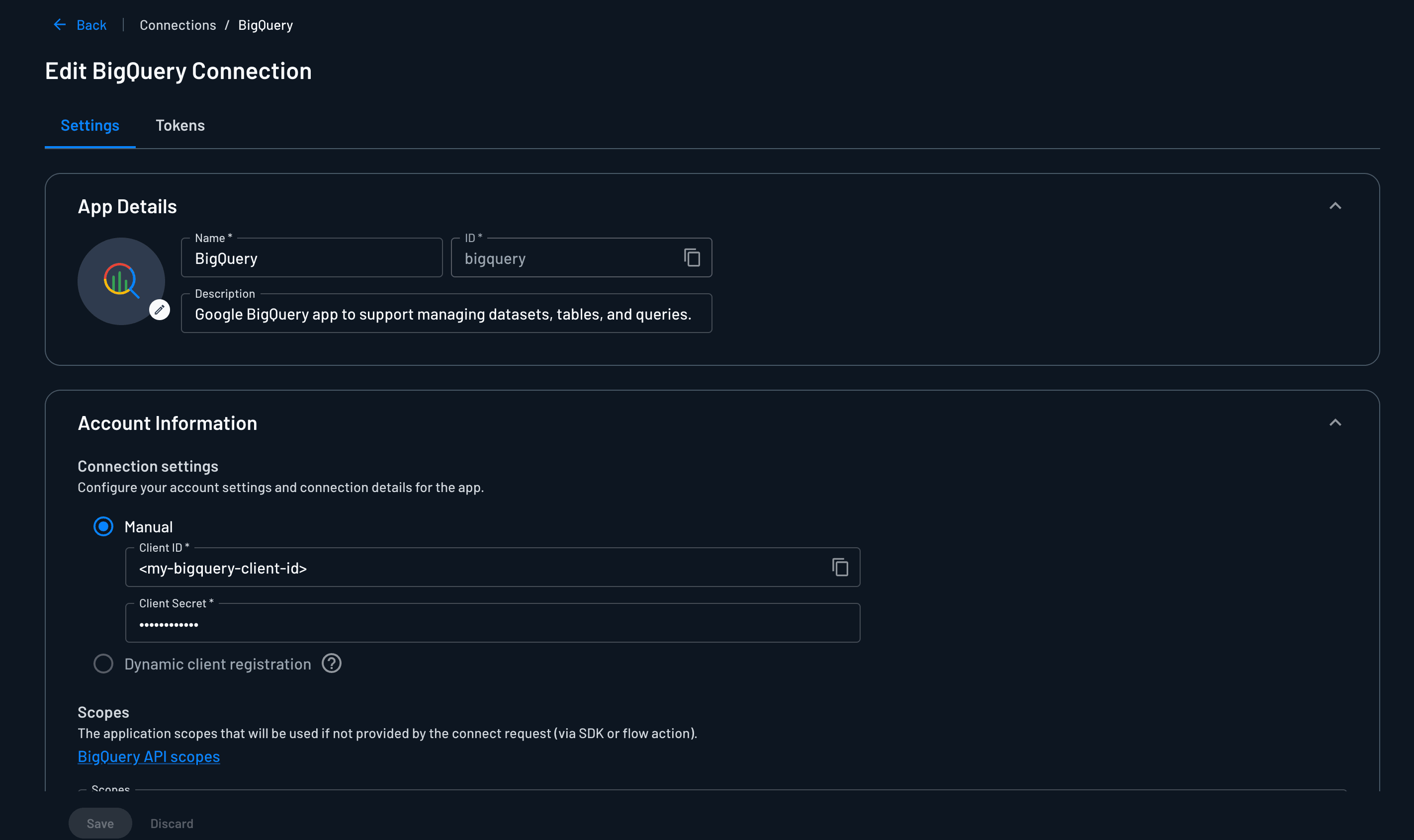 Fig: BigQuery Connection configuration in Descope Console