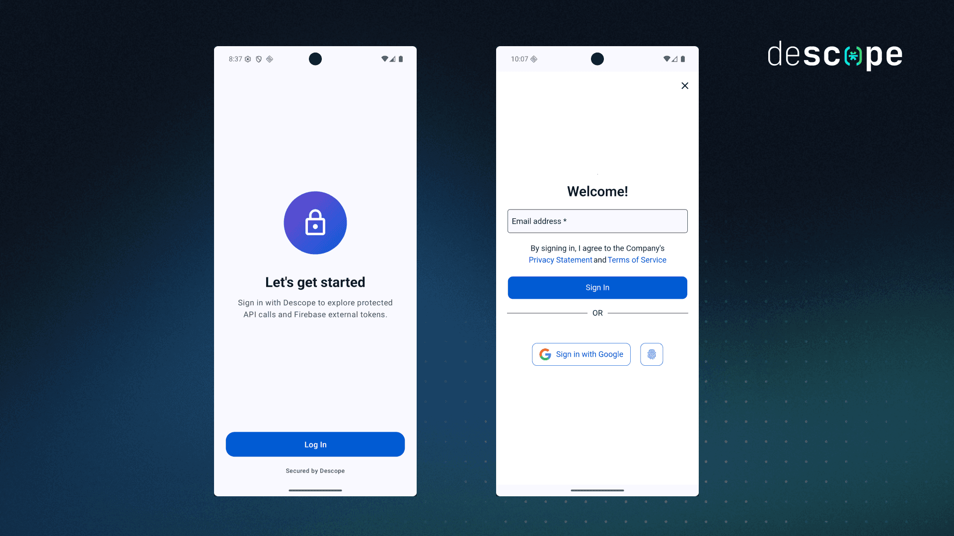 Descope's sign-in screens on Android, from the initial "Let's get started" prompt to the Welcome modal where a user signs in with email or Google to generate a Firebase external token.