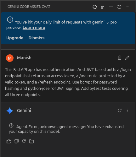 Fig: The error message displayed when attempting to use Gemini Code Assist Agent Mode