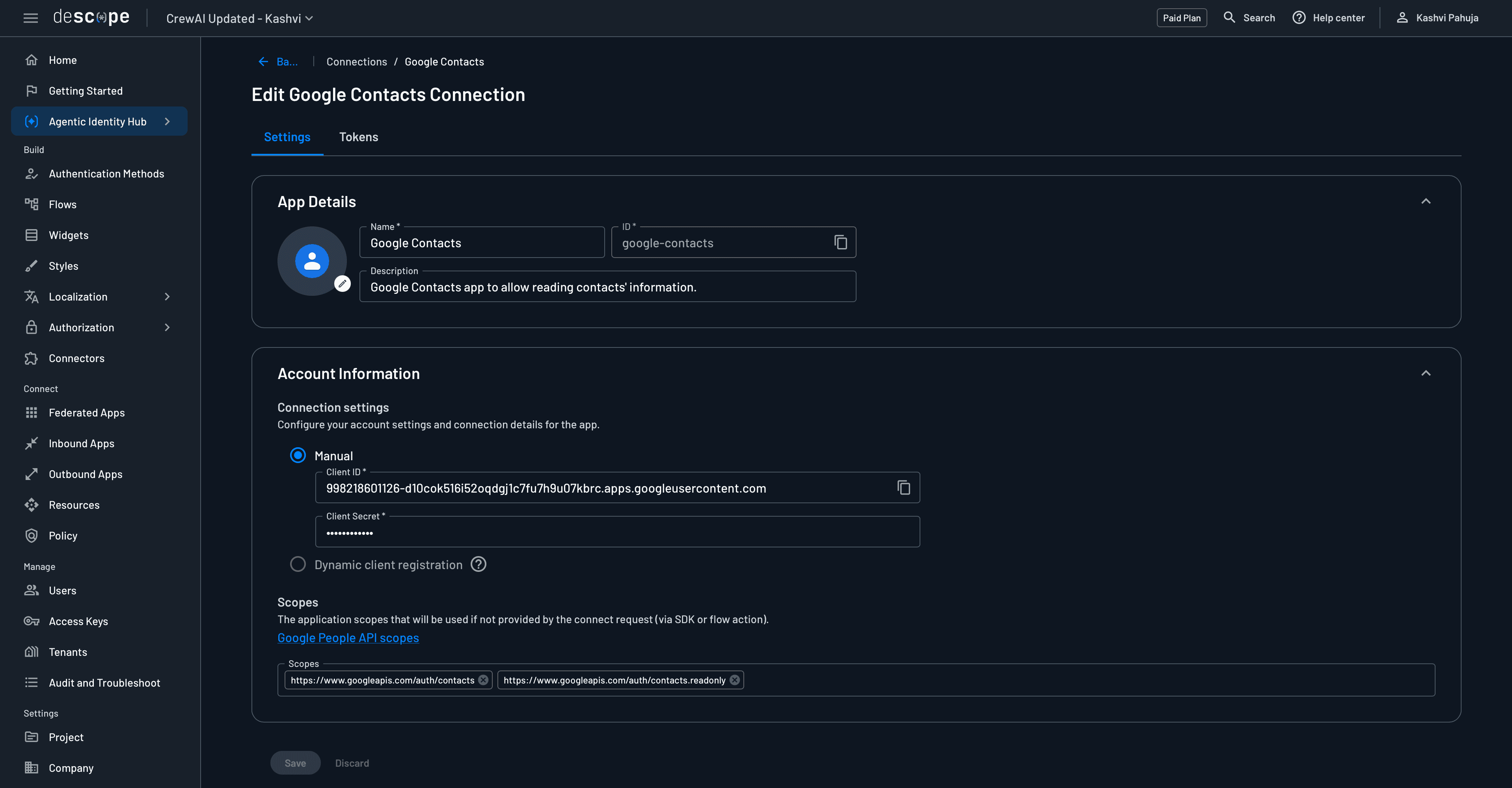 Fig: Google Contacts Connection scope setup