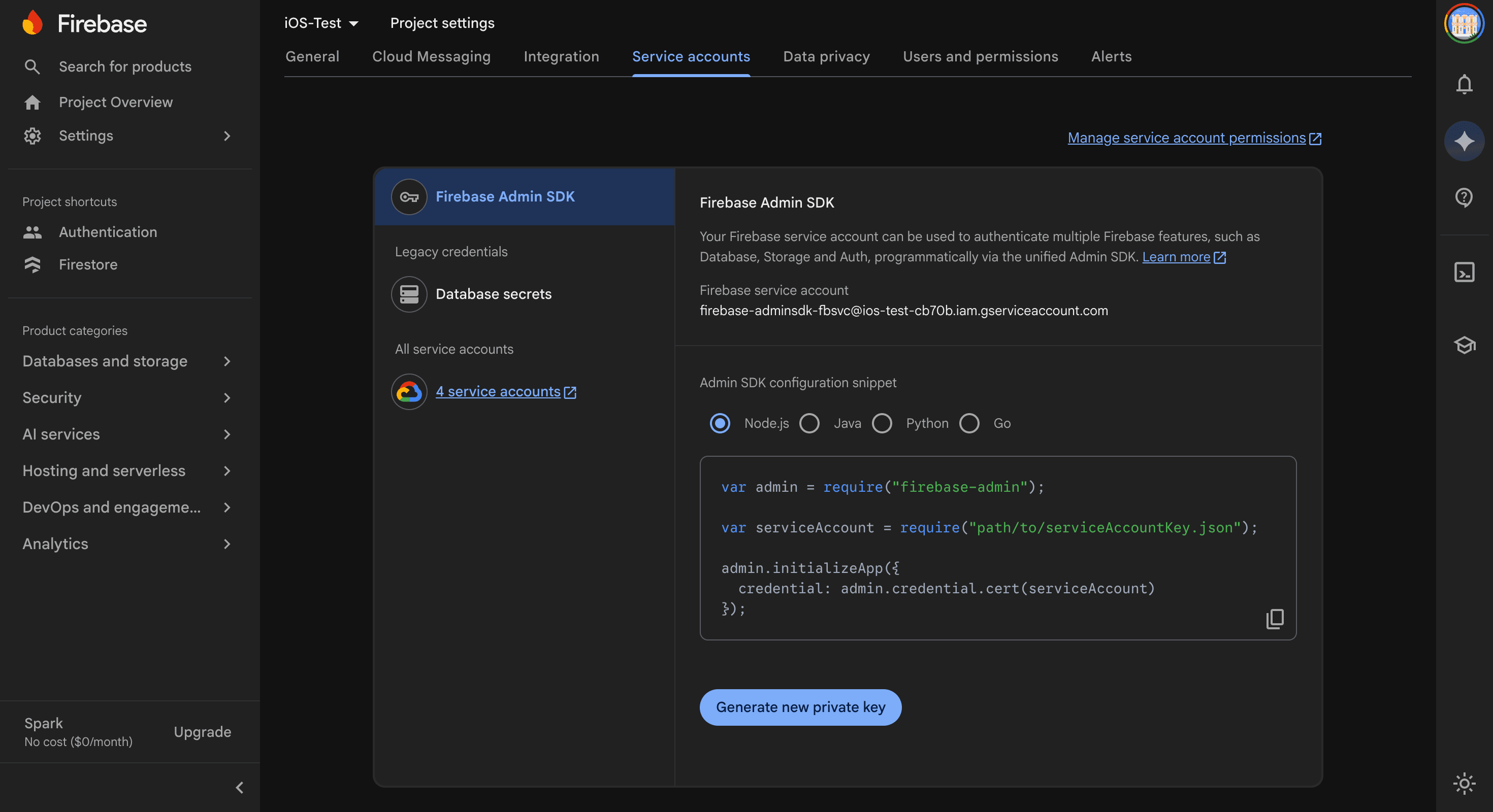 Screenshot of the Firebase Admin SDK panel under Project settings > Service accounts. It displays the service account email, a Node.js initialization code snippet, and a Generate new private key button.