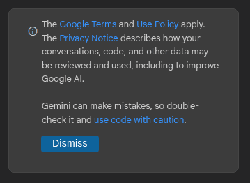 Fig: The Gemini Code Assist disclaimer that appears after installing the extension in VS Code