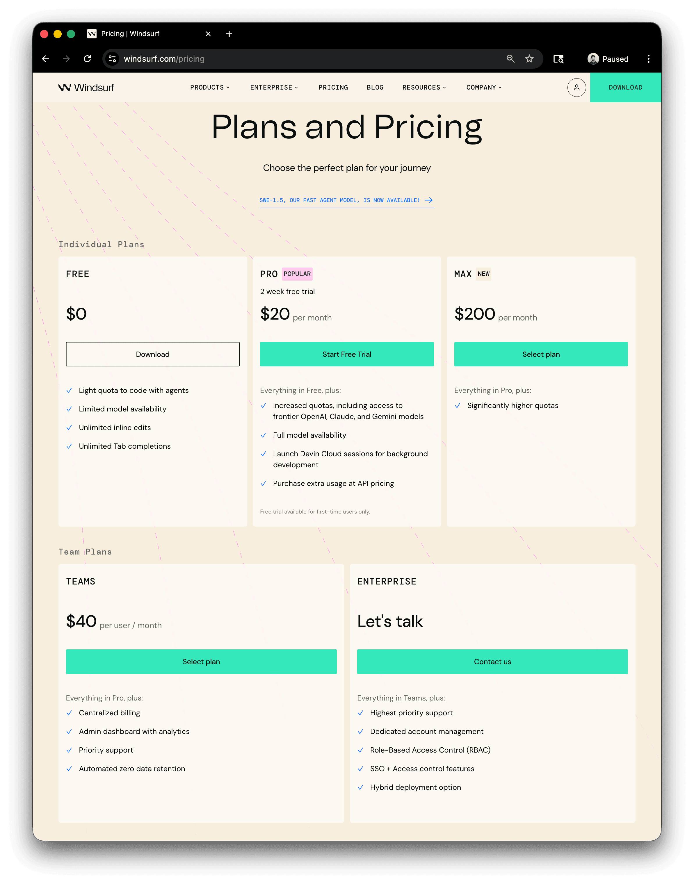 Fig: The Windsurf pricing page