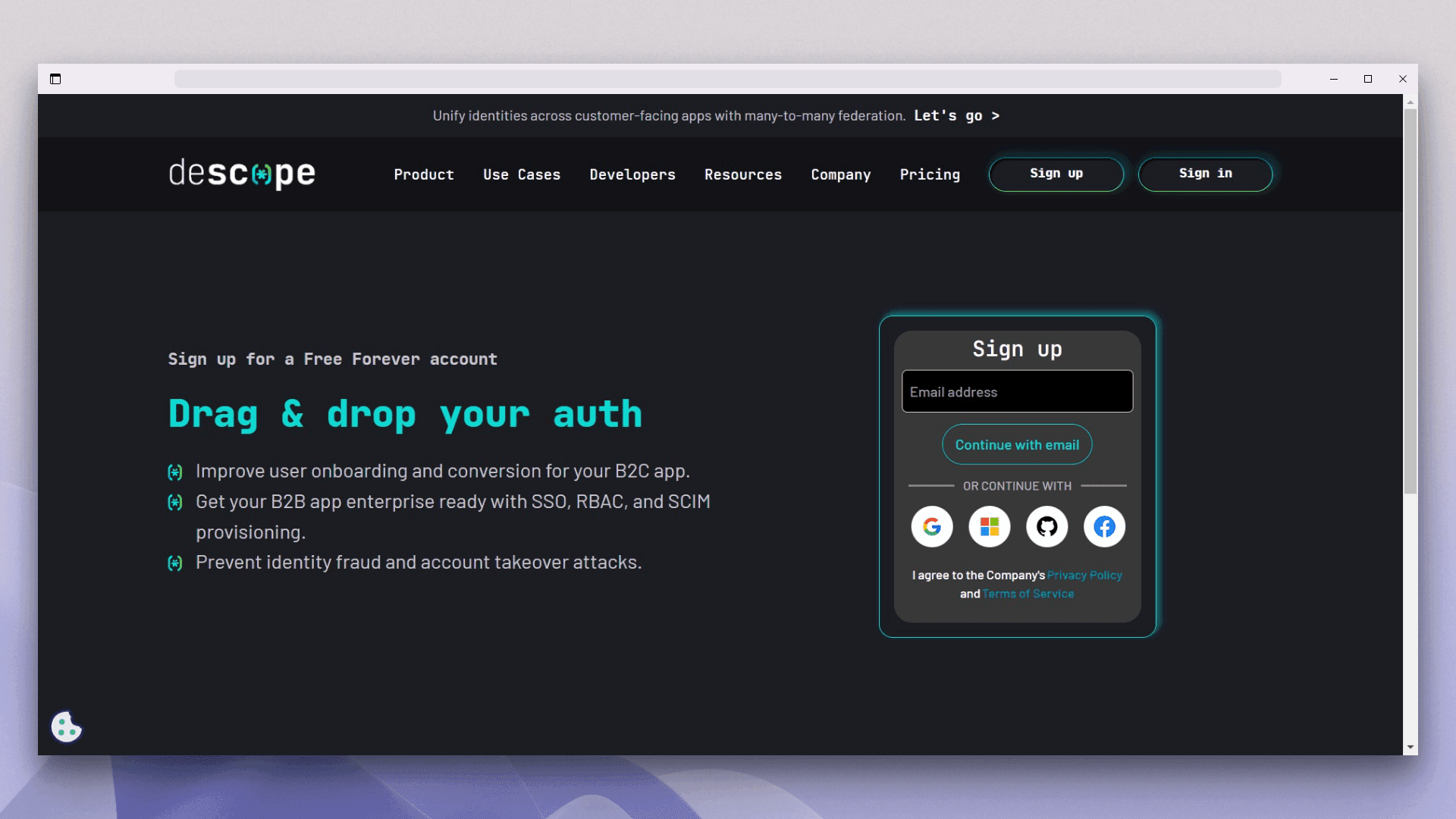 Screenshot of the Descope marketing website showing a dark themed landing page with the Descope logo and top navigation including Product, Use Cases, Developers, Resources, Company, and Pricing, a main headline reading Sign up for a Free Forever account with a subheading promoting drag and drop auth and passwordless onboarding for B2C apps mentioning SSO, RBAC, and SCIM, and a sign up card on the right containing an email address input field, a Continue with email button, and alternative sign up options with Google, GitHub, and Microsoft icons, all displayed within a desktop browser window.
