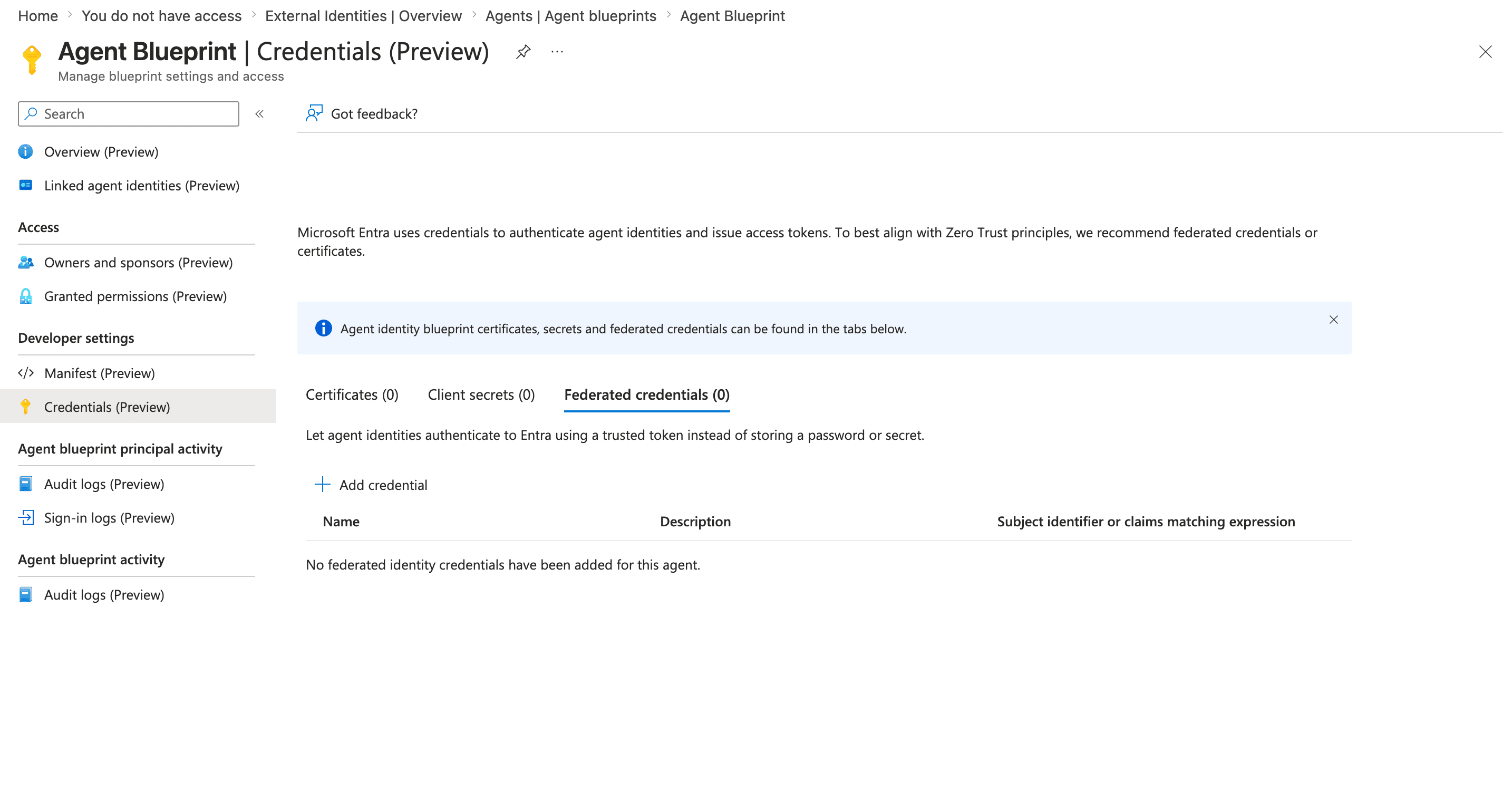 Federated credentials page, where you can add a new one