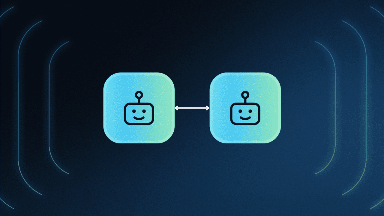 Two rounded square icons with robot faces face each other on a dark blue gradient background, linked by a two-way arrow to represent the A2A protocol enabling direct agent-to-agent communication and coordination.