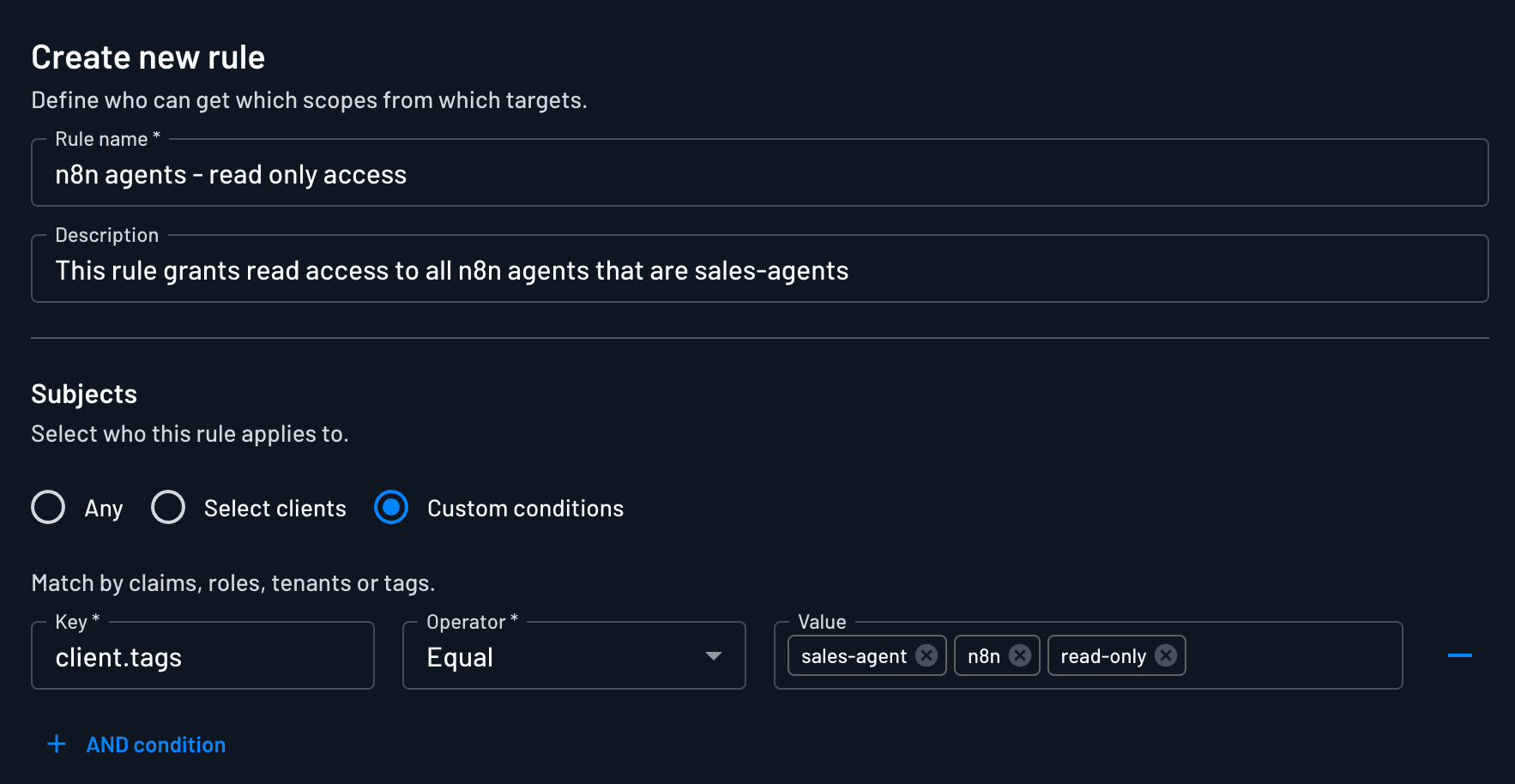 The Descope policy for read-only clients, granting the read client mcp:bigquery.read and the write client mcp:bigquery.write.