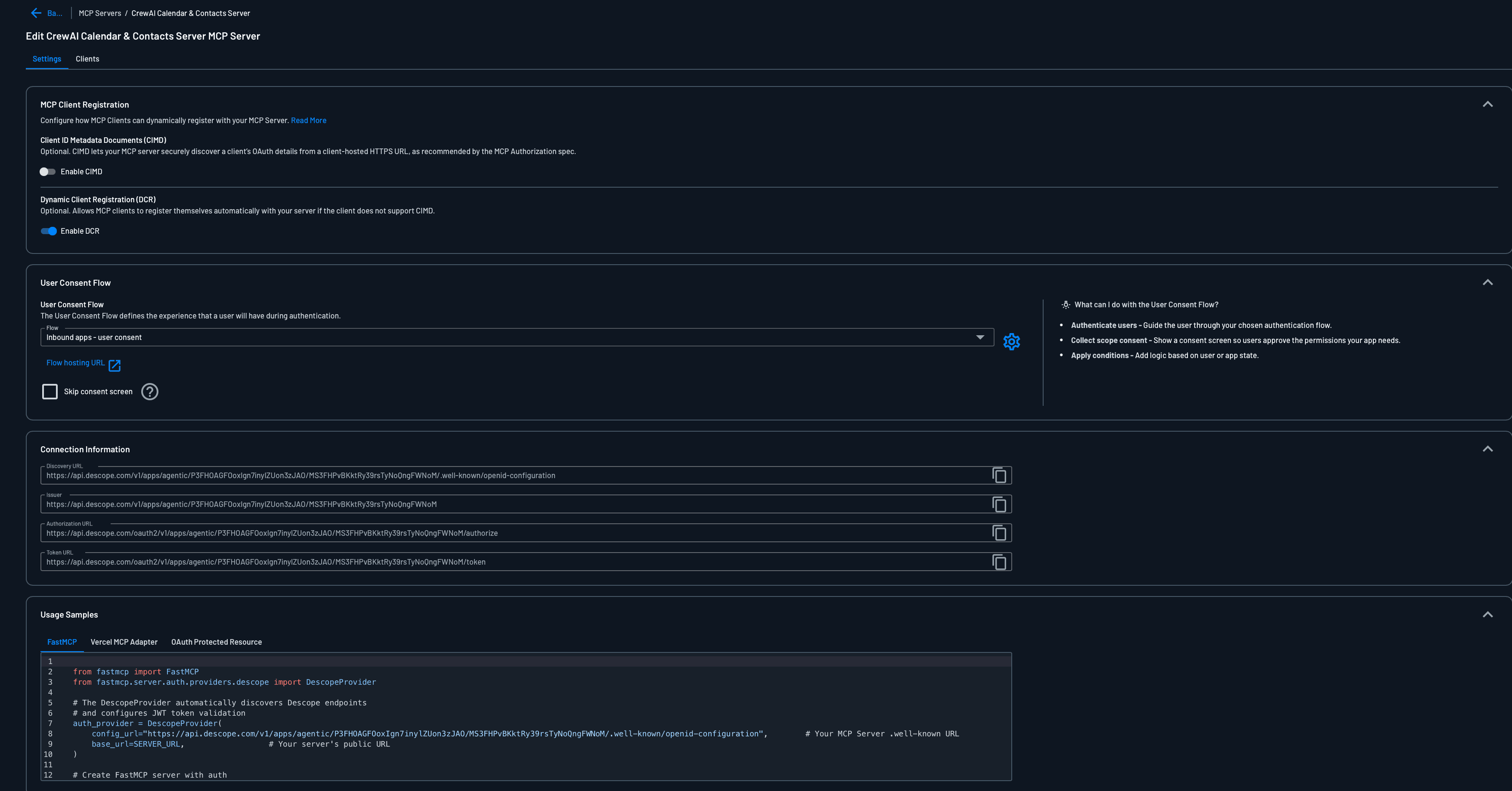 Fig: Configuring the MCP Server Settings in the Descope Console