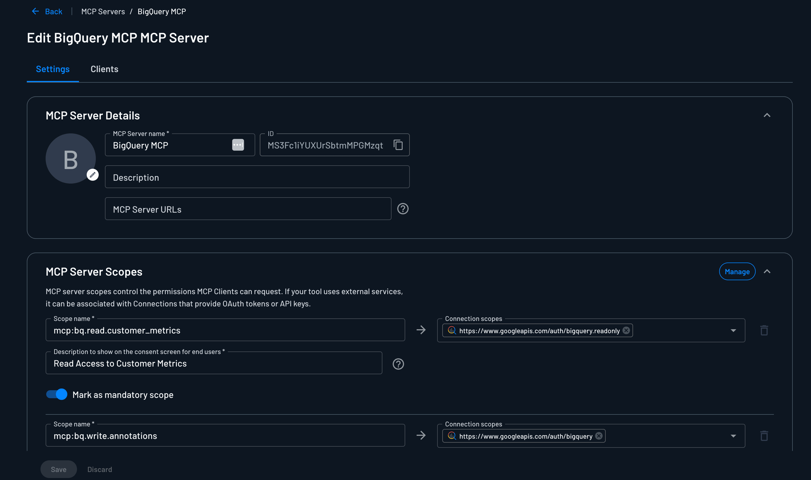 Fig: BigQuery MCP server configuration in Descope Console (with scope mapping)
