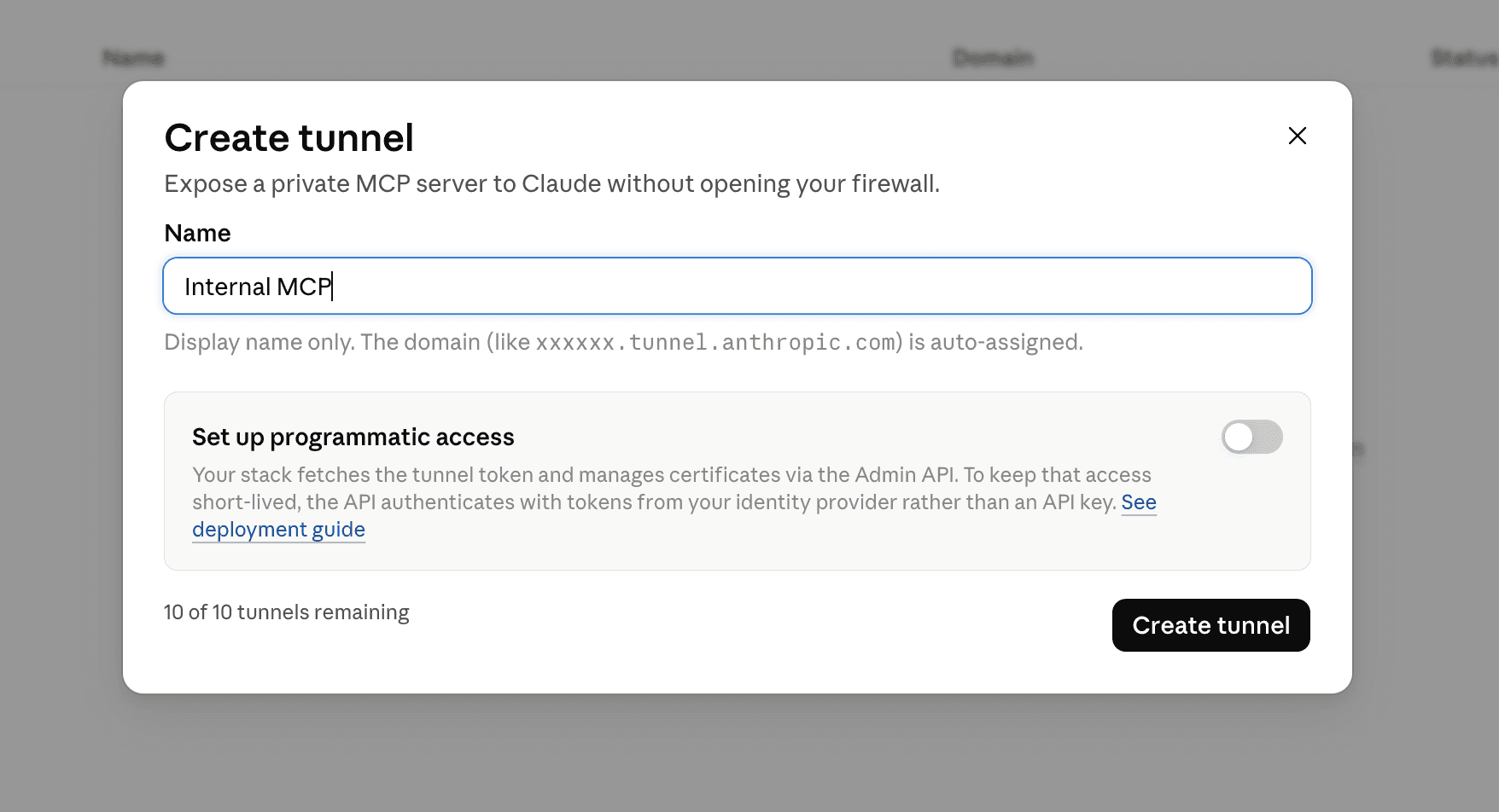 Fig: Creating an MCP Tunnel for the internal MCP server