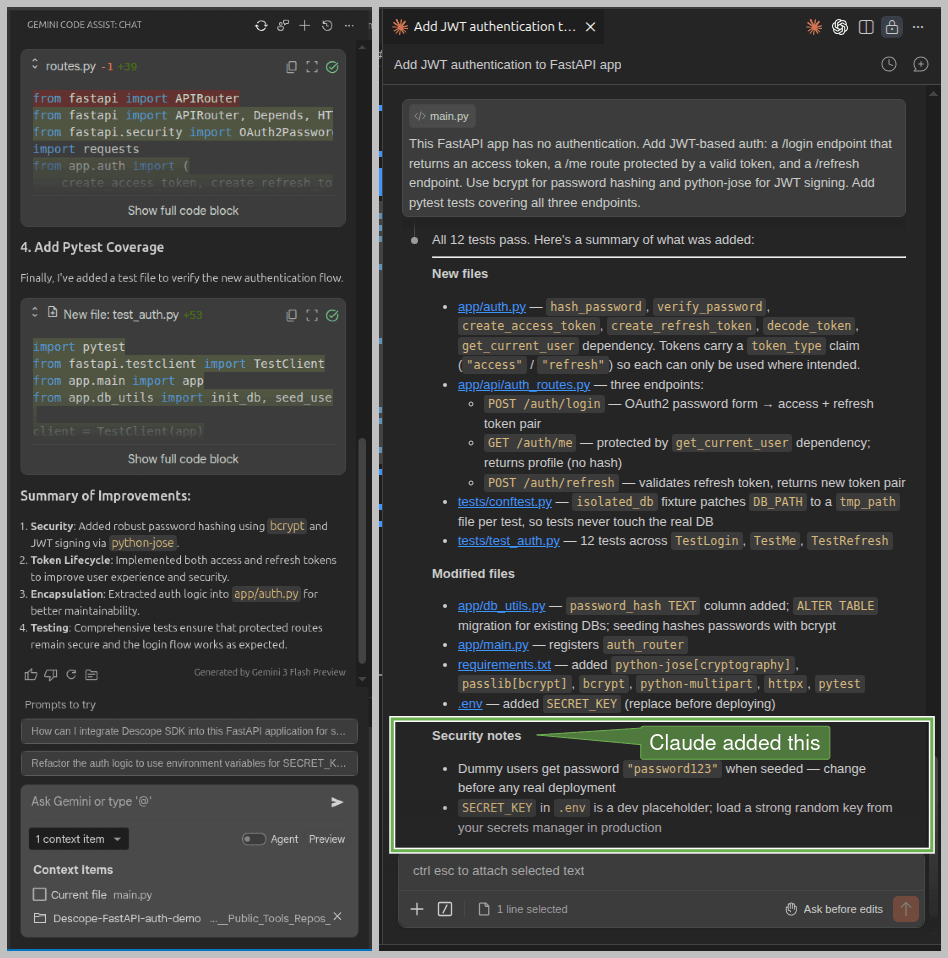 Fig: Completion messages of Gemini Code Assist and Claude Code compared