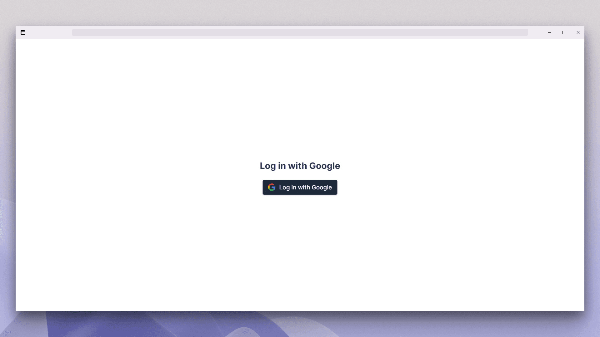 Screenshot of a minimal web app login page with a mostly white background, centered text reading Log in with Google, and a dark rectangular button beneath it labeled Log in with Google, shown inside a desktop browser window with no other visible UI elements or form fields.