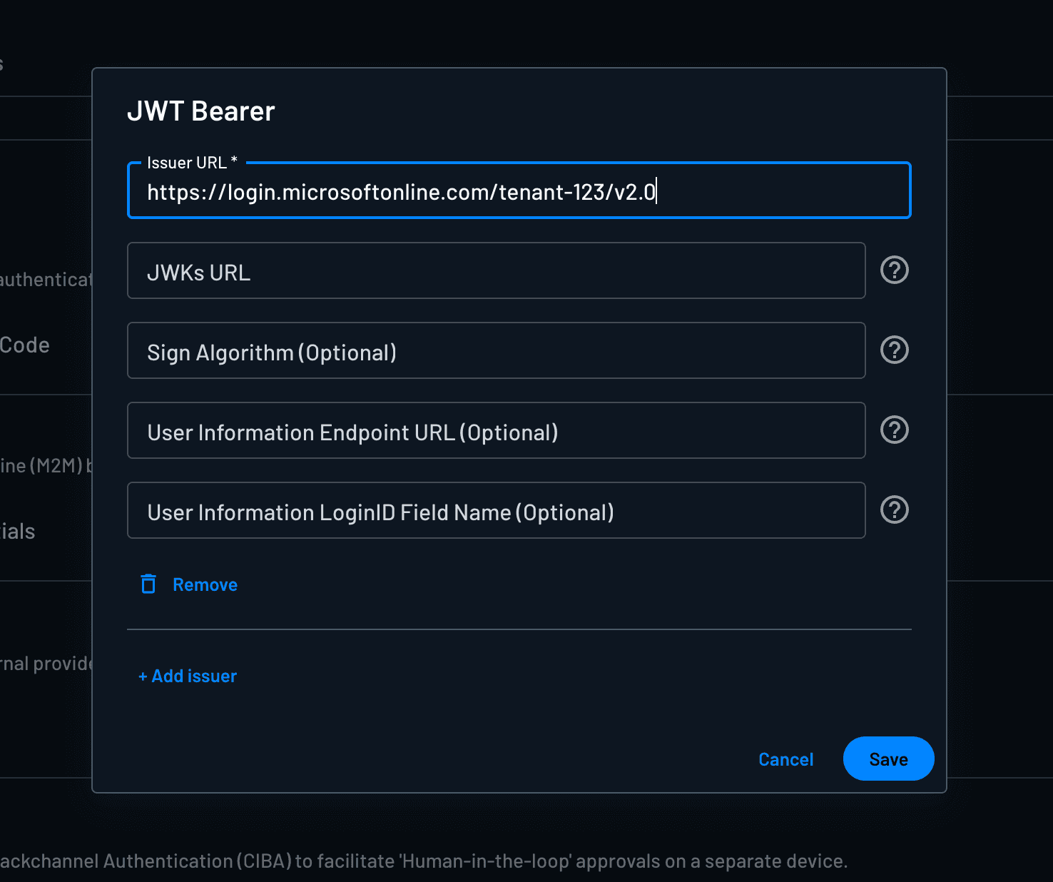 JWT Bearer new issuer configuration, under Client, in Descope Console