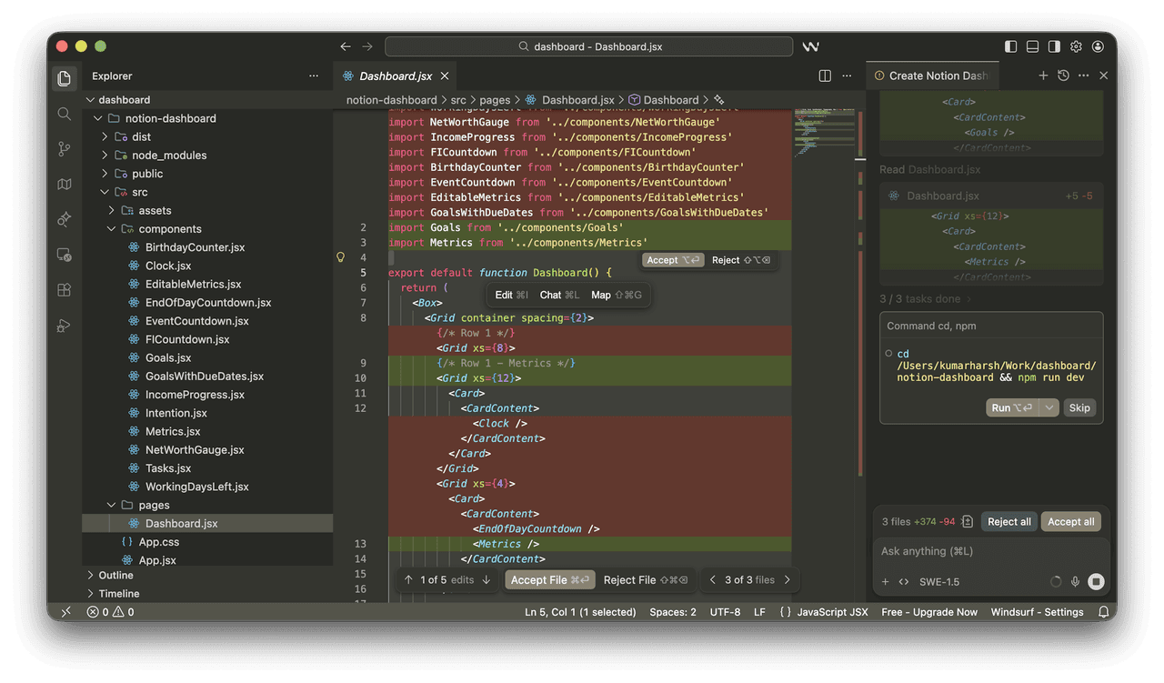 Fig: The Windsurf coding interface