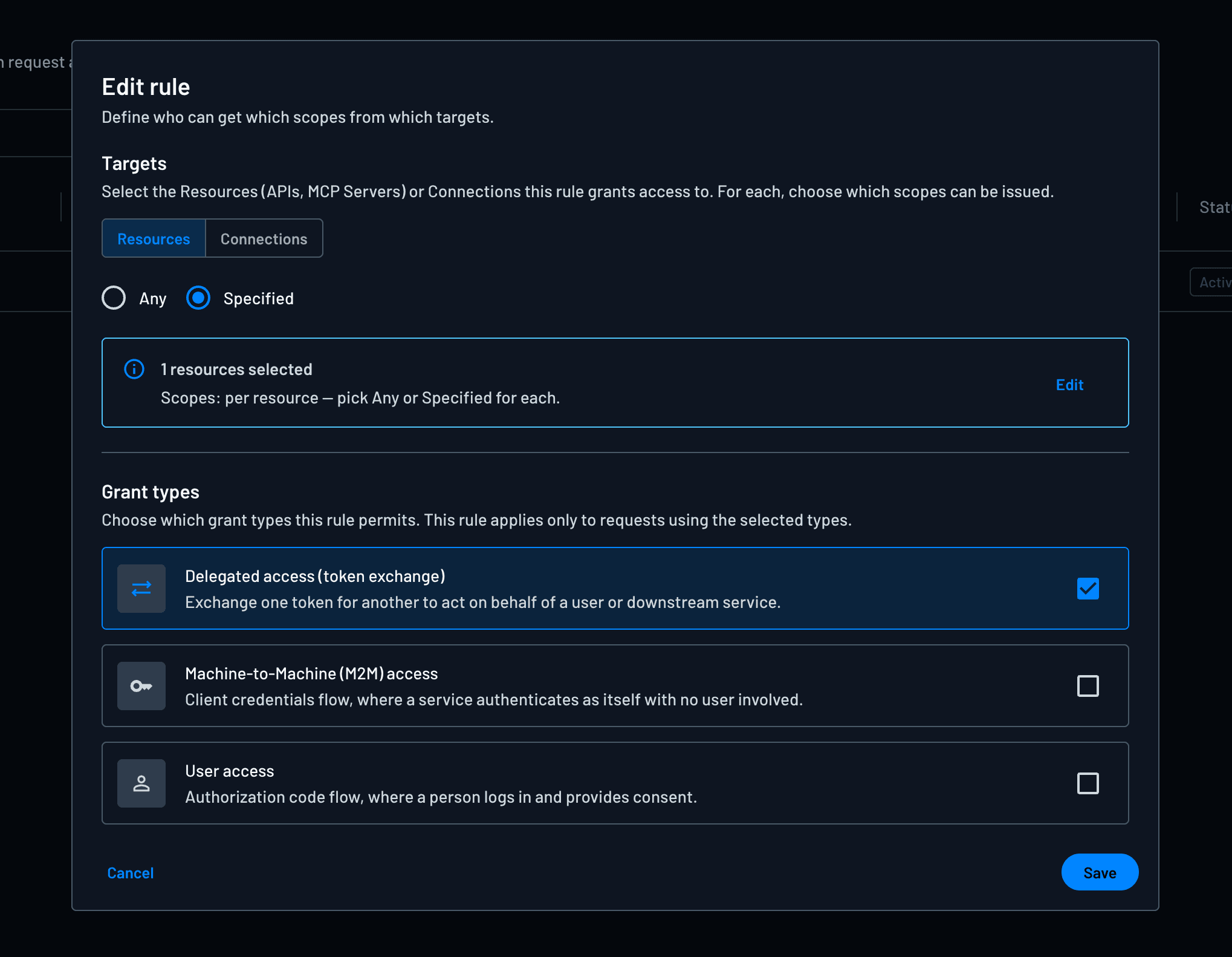 Define the policy for OAuth Token Exchange as the grant type
