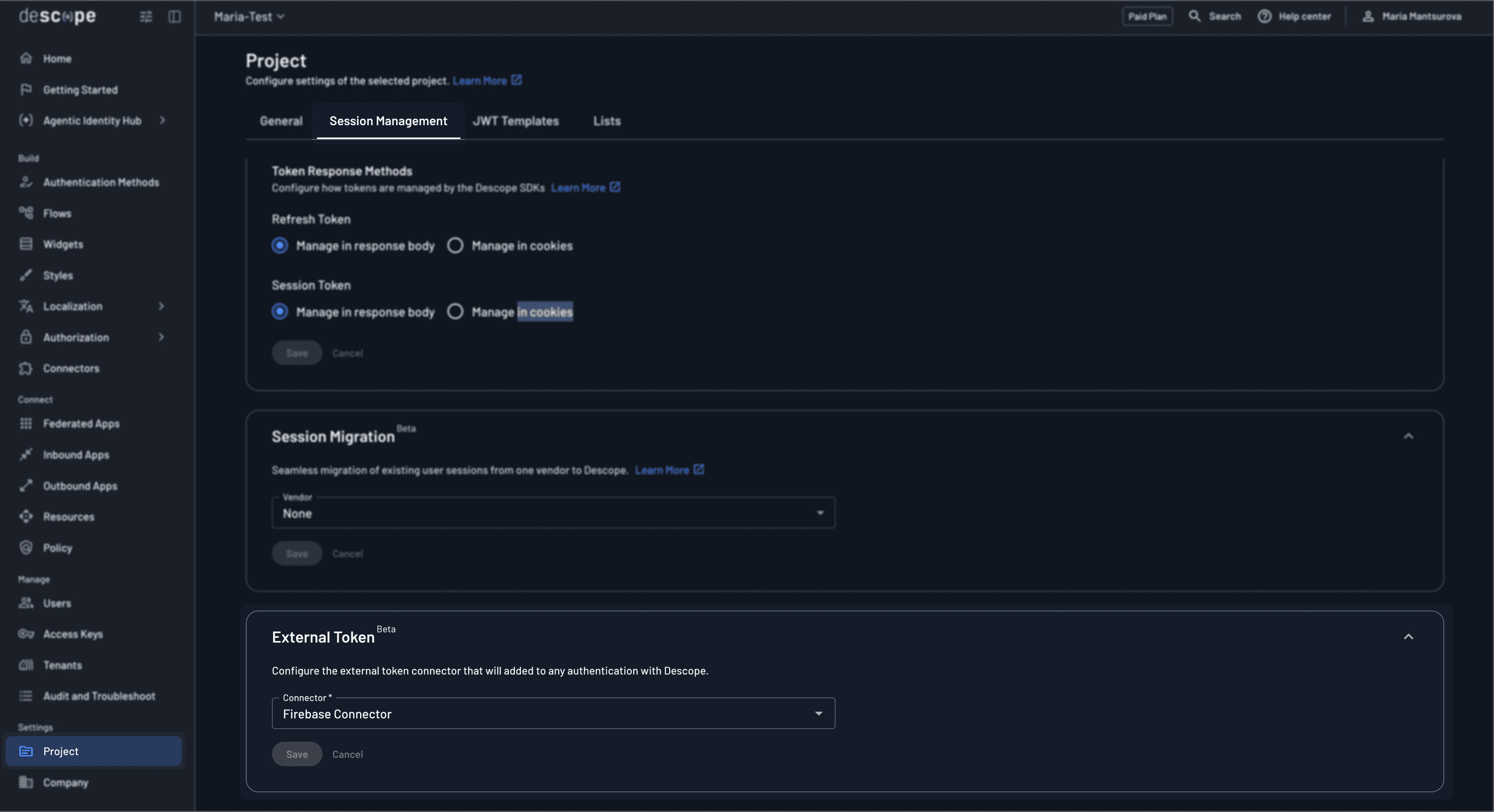 The Descope console Project Settings Session Management screen showing an external token generation toggle switched on, with a connector dropdown beneath it set to the Firebase token connector created in the previous step.