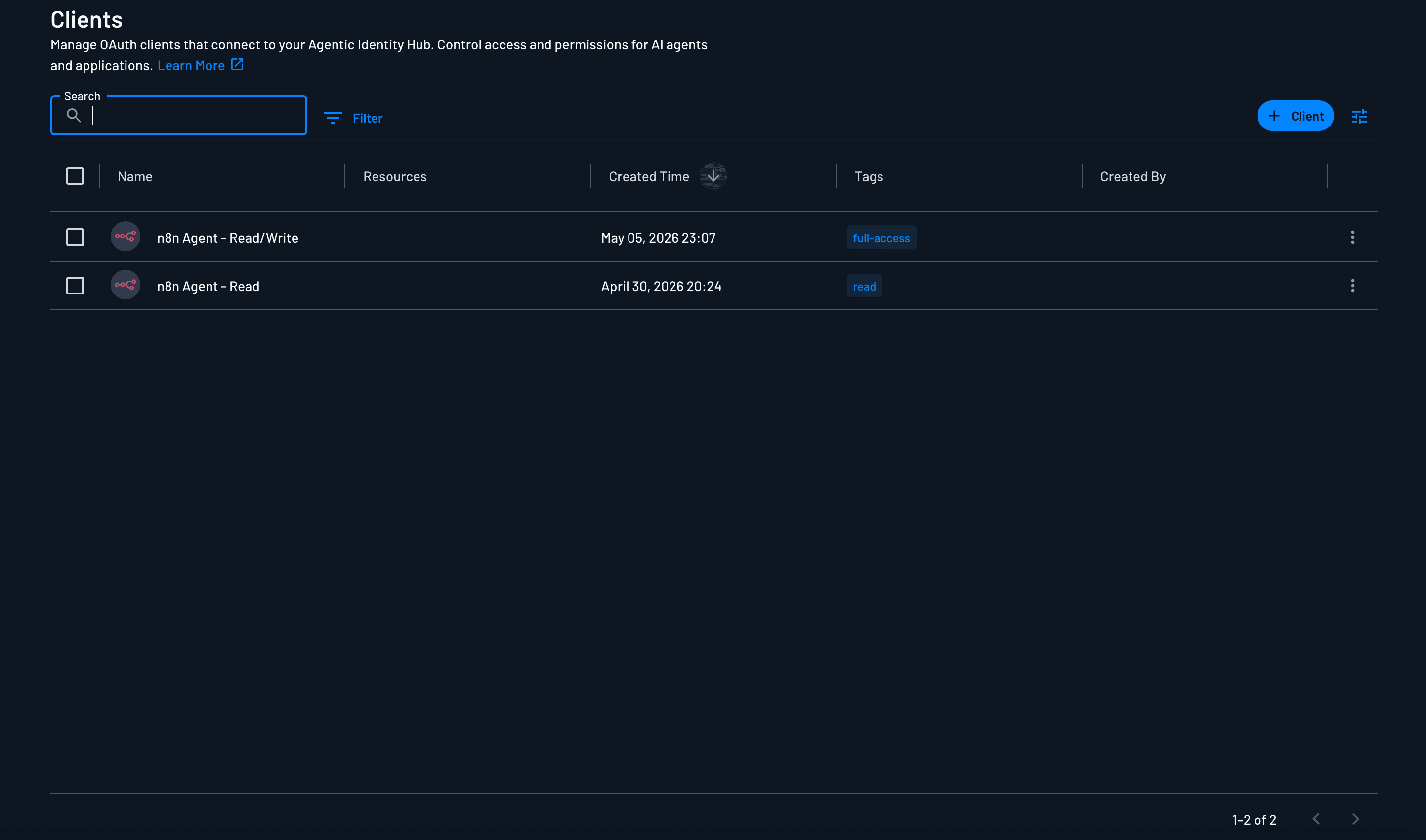 The agentic Clients in Descope, one per workflow, each configured for client_credentials.