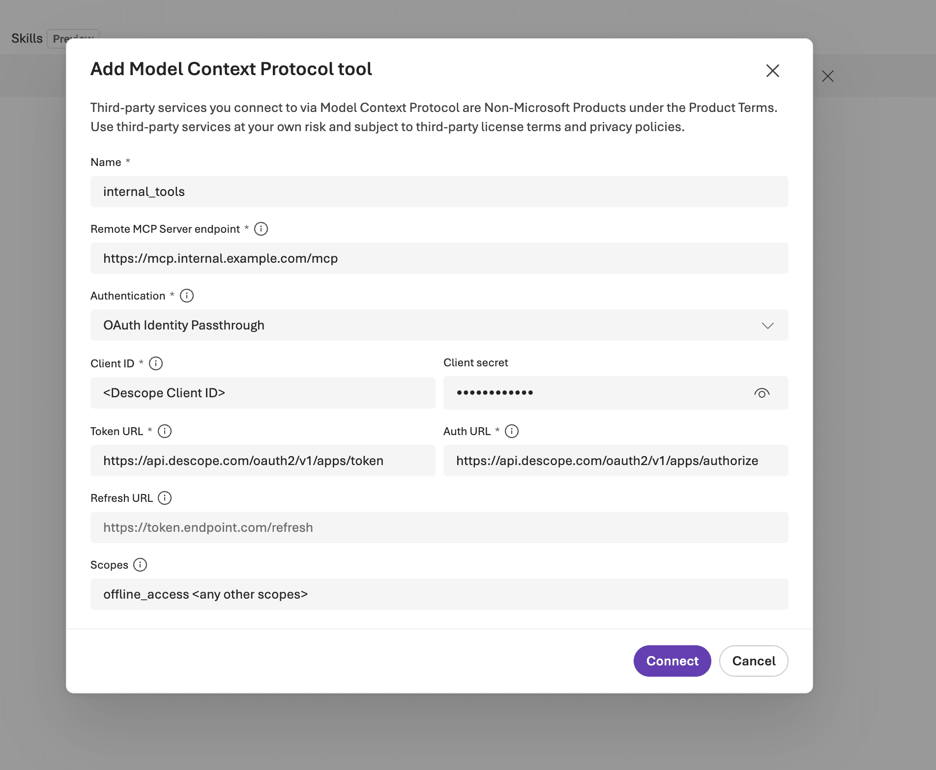 The MCP tool configuration in the Foundry portal, with the server URL pointing at the Descope-protected server